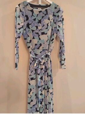 Ann Klein Mesh‎ Maxi Dress Large Long Sleeve Tie Waist y2K Fairy Butterfly Print